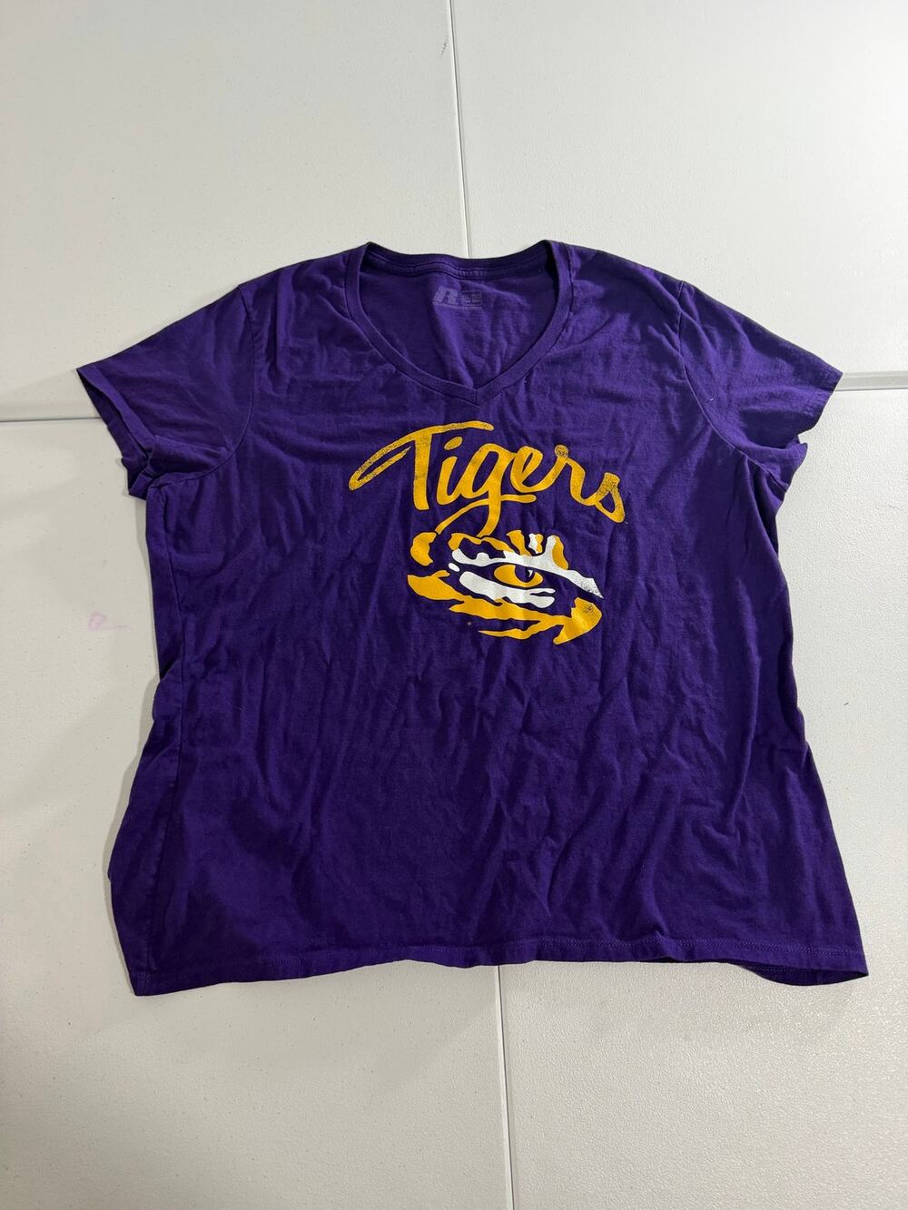 LSU Tigers V-Neck T-Shirt Women's Size 2XL Purple Gold Russell Athletic